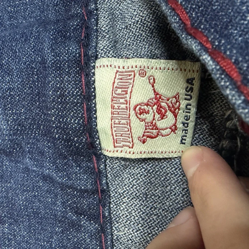 True Religion Jeans Mens 40x36 Blue Denim Straight Leg Flap Pockets Thick Stitch